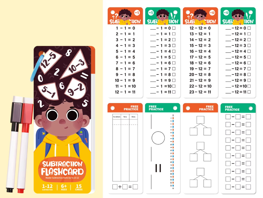 Paquete de 2 tarjetas didácticas de matemáticas para restar.