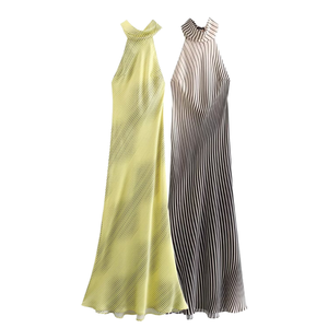 Lässiges langes Maxi-Sommerkleid für Damen Atmungsaktiver Satin 2-Farben-Striped-Druck in Übergröße ärmel los mit hohlem Rücken Hot Sale - Product Image 1