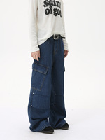 Jean pour homme à motif drapeau à carreaux sur le bas, style jogger, pantalon sportif en denim à bords de style course automobile, fournisseur