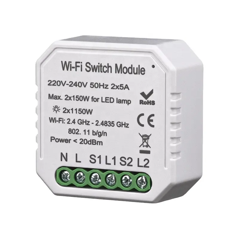 Nieuwe Domotic 2x5A Smart Dubbele Relais Schakelaar Draadloze On-Off Voeding Wifi Dual Schakelaar