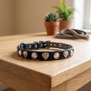 Laisse pour chien en cuir véritable de la plus haute qualité, faite à la main, avec rivets en cristal arc-en-ciel, style mode pour races moyennes, idéale pour mariage et fêtes - Product Image 2