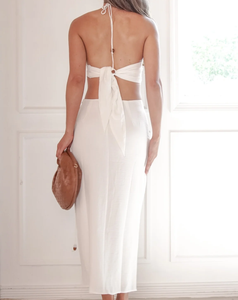 Ensemble bohème 2 pièces blanc en coton pour femme : haut dos nu et jupe longue unie respirante – Tenue printemps-été - Product Image 2