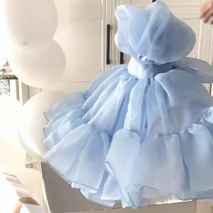 Vestido de Princesa para <span class=keywords><strong>Niña</strong></span>, Nuevo Estilo Coreano de Verano, Estilo Occidental de Alta Gama, Vestido de Verano Dulce de Pana Azul con Cordón de Ganchillo para Bebé - Product Image 3