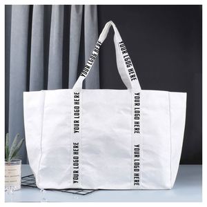 Wholesale Large Capacity Crumpled Dupont Tyvek Washed White Kraft Paper Shopping <b>Tote</b> <b>Bag</b> with Customized Handle Logo - Product Image 1