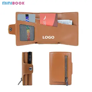 Custom Logo Travel minimalista in metallo portafoglio RFID blocco Auto Pop Up in pelle di carta di credito con custodia in alluminio