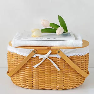 Panier de pique-nique en rotin tressé de haute qualité, écologique, pour les voyages en extérieur, avec couvercles et poignées - Product Image 1