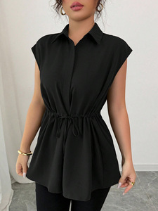 Camisa de Poliéster con Cuello en V, Manga Corta, Color Sólido, Estilo Coreano, Elegante, Transpirable, con Cordón Ajustable en la Cintura, para Mujer de Oficina - Product Image 5