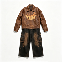 Veste en cuir vintage délavée effet soleil, imprimé flamme, épaisse, Kornit DTG, style streetwear usé, décontractée, pour l'extérieur