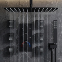 Robinet de système de douche de pluie en laiton thermostatique noir de plafond de 16 pouces de luxe moderne ensembles complets avec jets de corps