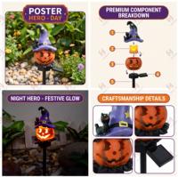 Lampes solaires de jardin d'Halloween, décorations extérieures en forme de citrouille avec chapeau de sorcière et chat noir, résistantes à l'eau, en résine, pour allée et jardin
