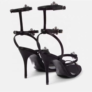 Sandales sexy pour femmes avec fleurs et diamants, escarpins à bride cheville et talons aiguilles pour robe - Product Image 2