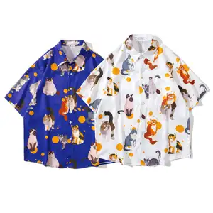 2023 cartoon cat printed short-sleeved shirt Hawaiian loose men's shirt flower shirt wholesale