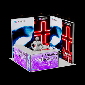 Stand d'exposition personnalisé en forme de cube avec éclairage sur quatre côtés, mur arrière entièrement illuminé avec graphique artistique en néon en forme de croix, vague violette - Product Image 4