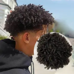 Groothandel Onverwerkte Duurzame Fijne Kant 100% Echte Europese Menselijk Haar Afro Krullend Zwarte Kleur Mannen Toupet Pruiken Voor Zwarte Mannen