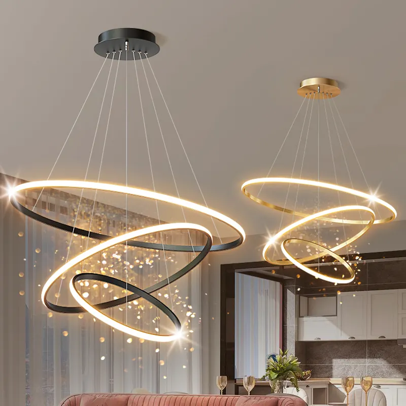 Home Decorative Modern Living Room Hotel Circle Hanging Pendant Light New Design 3 Ring Acrylic Gold Luxury Round Led Chandelier