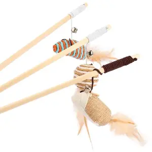 Factory direct sale Wooden mouse with a sounding bell the cat charmer wand Cat Teaser stick toy