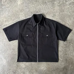 新しい高品質のファッションカスタムロゴブランク半袖ジャケットジップアップワークシャツブレンドジップアップシャツ