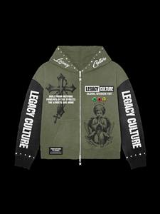 Sweat à capuche zippé pour homme Legacy Culture, vert olive, imprimé croix et ange, streetwear, coton tricoté, vêtements décontractés d'automne, sweats à capuche pour homme - Product Image 1