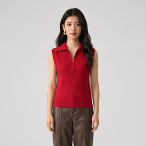 Factory Directly Sale Summer Thin Sleeveless Red Knitted Top Wool Blend Polo Neck Women's Knitted Vest