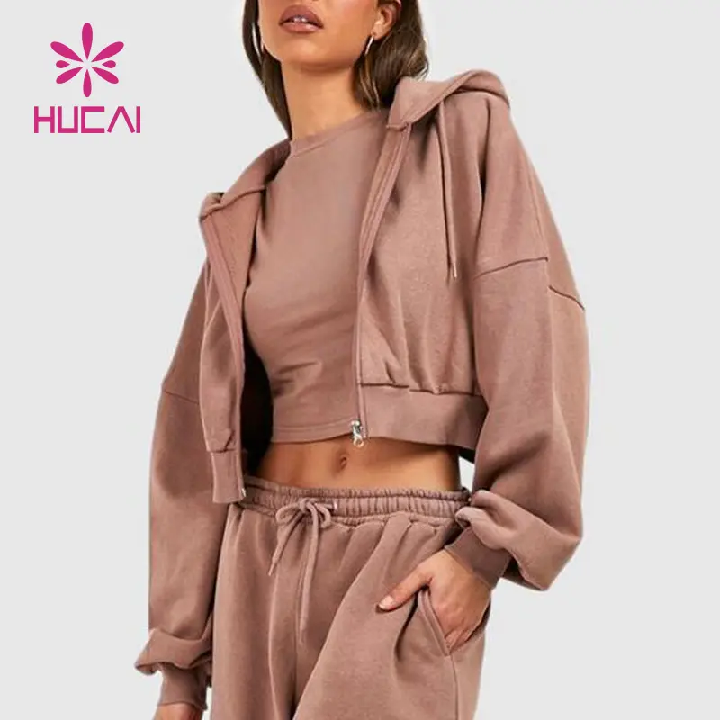 HUCAI custom logo women's Sportswear high quality premium sports gym crop zip through up Cropped Hoodie women