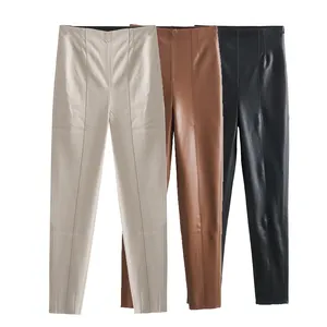 3 colorway fermeture éclair braguette couleur unie pleine longueur mode décontractée femmes pantalons longs en cuir