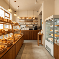 Aménagement de magasin de vente au détail axé sur le design pour café moderne avec vitrine de boulangerie et comptoir de bar à café pour livraison mondiale