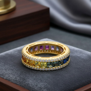 Anillo de Eternidad de Lujo para Mujer, Chapado en Oro de 18K, con Diamantes de Corte Princesa y Piedras Preciosas de Colores, Engaste en Canal, Estilo Geométrico - Product Image 6