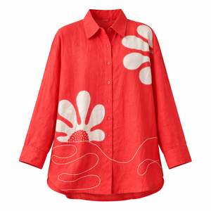 Chemisier décontracté confortable pour <span class=keywords><strong>femme</strong></span> en mélange lin-coton, personnalisé, avec appliqué floral <span class=keywords><strong>rouge</strong></span> et blanc et imprimé style line art, col <span class=keywords><strong>chemise</strong></span> - Product Image 2
