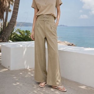 Khaki Wide Leg <strong>Suit</strong> Pants Women High Waisted Heart Buckle Detail Elegant Career <strong>Trousers</strong> Chic Pantalon Femme - Product Image 5