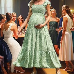Floral Print Maternity Maxi <b>Dress</b> With Ruffles Cap Sleeve A-Line Loose Chiffon Summer Boho Style <b>Elastic</b> Waist Square Collar - Product Image 2