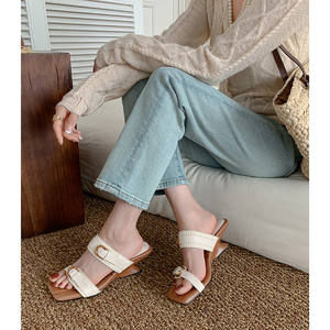Summer Spring New Style Anti-Slippery Breathable <b>Open</b>-<b>Toe</b> <b>Platform</b> Square <b>Toe</b> Low <b>Heel</b> Genuine Leather Strap Flip-Flops for - Product Image 3