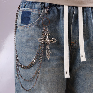 Multi Layered Gunmetal Rhinestone <b>Cross</b> Trouser <b>Chain</b> Zinc Alloy Waist <b>Chain</b> Hip Hop Daily Wear Double Ring - Product Image 2
