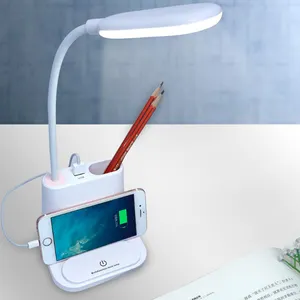 מכירה לוהטת מחקר קריאת עט מחזיק שולחן Led אור מגע בקרת Dimmable Usb סוללה מופעל מנורת שולחן עם טלפון בעל