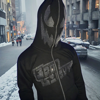 Sweat à capuche personnalisé en coton éponge français à fermeture éclair complète 100% Fabricant vérifié Street Wear Démon Visage Imprimé Strass Détail
