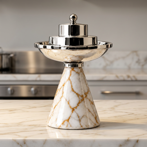 Brûleur à Bakhoor ALABANZA ENTERPRISES en acier inoxydable avec couvercle, design marbre blanc de luxe et veinage doré, pour encens aromatique indien - Product Image 2