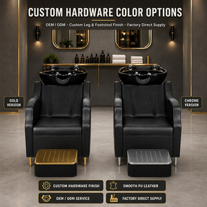 Unité de lavage de <span class=keywords><strong>cheveux</strong></span> professionnelle de luxe <span class=keywords><strong>pour</strong></span> salon de coiffure, fauteuil de lavage inclinable avec pieds dorés et repose-pieds doré indépendant - Product Image 1