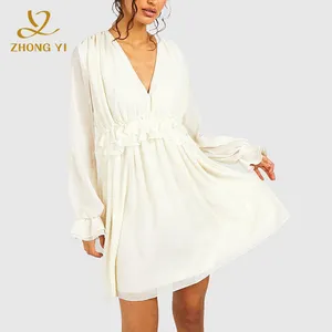 2023 Custom Fall Fashion Women Ruffle Long Sleeves Shirred Waist V Neck Floaty Simple Mini Sexy Short Casual Dresses