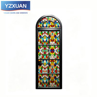 Porte intérieure en verre teinté avec cadre en alliage d'aluminium noir, finition imperméable, style européen traditionnel rétro, arquée, manuelle, pour villa.