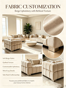 Sofá Elegante Estilo París, Tapizado en Terciopelo Beige, Relleno de Esponja de Alta Densidad, Canapé <span class=keywords><strong>para</strong></span> Salón o Apartamento - Product Image 4