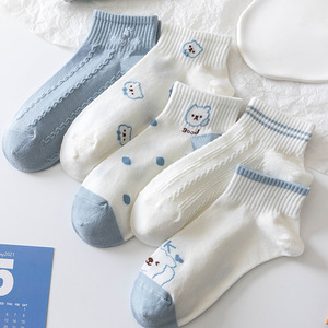 Women's Cartoon Ankle Socks White Blue Bear Pattern Breathable Summer Casual Socks - Product Image 2
