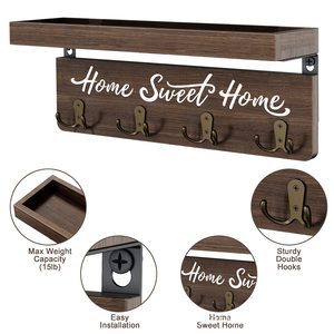 Wooden Wall Mounted <b>Shelf</b> With <b>Hooks</b> Home Sweet Home Mail Key Organizer Entryway Foyer Storage Rack - Product Image 5