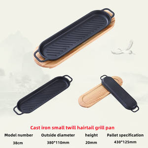 Wholesale Kitchen Cookware 22/31/38cm Cast Iron Steak <strong>Pan</strong> <strong>Grill</strong> <strong>Pan</strong> Cooking Sizzling Plate With Wooden Tray - Product Image 2