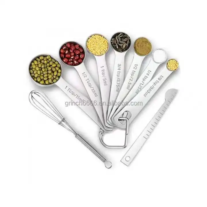 9Pcs Stainless Steel Measuring Spoon Set Cooking Baking Spices Adjustable Measuring Spoon Metal Kitchen Measuring Ruler Egg Beat