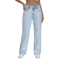 Jean décontracté en denim délavé à jambe large pour femme avec effet whiskers – Pantalon tendance pour femme