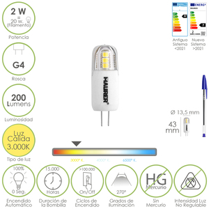 Lampadina LED Dicroica G4 a Vite 2 Watt. Equivalente a 20 Watt. 200 Lumen. Bianco caldo (3000K) - Product Image 1