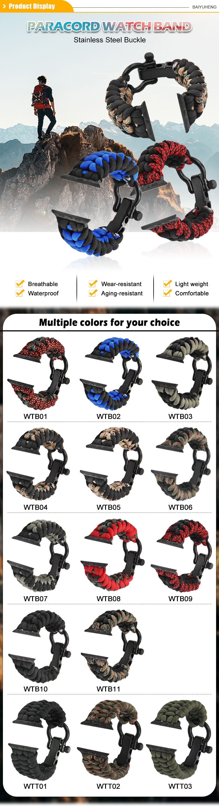 Baiyuheng Rugged Outdoor Survival Nylon Rope Paracord Wrist Watch Band Strap For iwatch