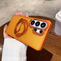 Coque de téléphone magnétique translucide givrée pour iPhone et Samsung avec support anneau rotatif à 360°, cadre métallique pour appareil photo, protection antichute