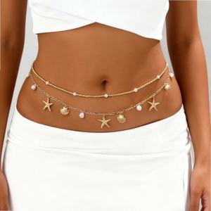 Cadena de cintura boho con estrellas de mar en capas, cadena de vientre dorada con conchas y perlas, accesorios de joyería corporal para fiesta de verano en la playa para mujer - Product Image 2