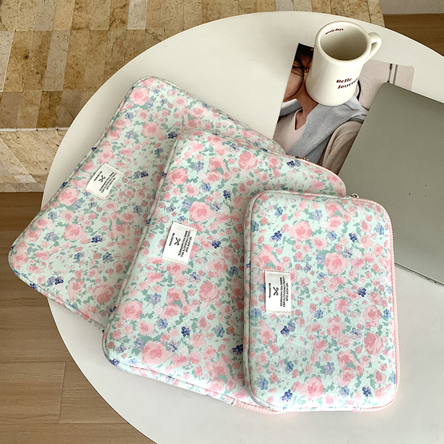 Laptop Sleeve 13/14/15/16 in for MacBook Pro/Air (M1/M2/M4) Soft Polyester Korean Cute Flower Pattern Zipper Closure Protective