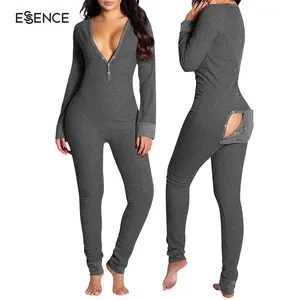 Pijama estampado con solapa en el trasero para mujer, mono largo personalizado con entrepierna abierta